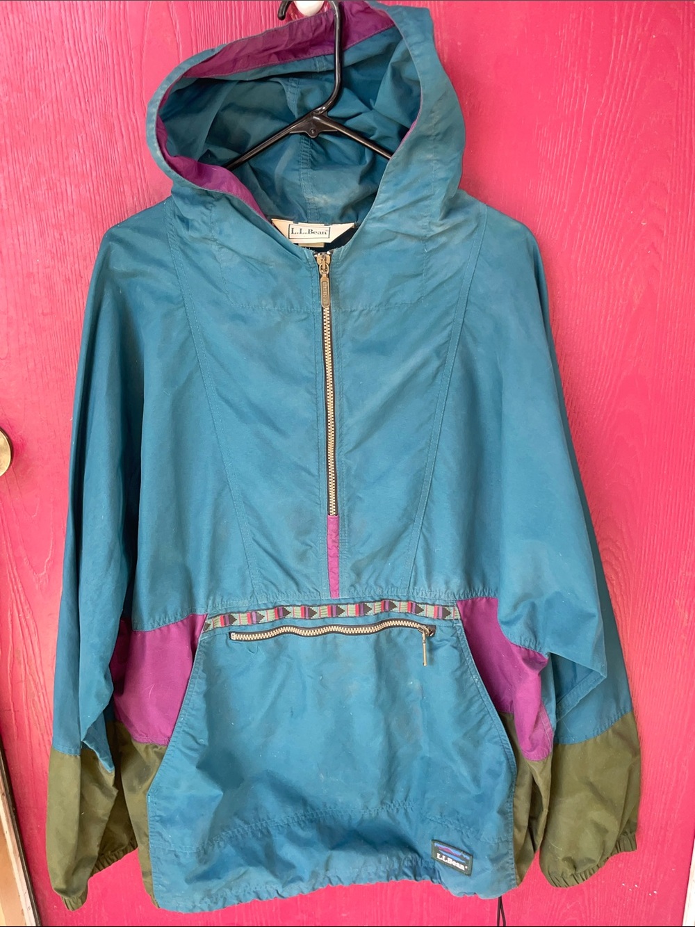 L.L. Bean vintage Teal Pullover all weather hiking Rain Jacket  Purple and Olive